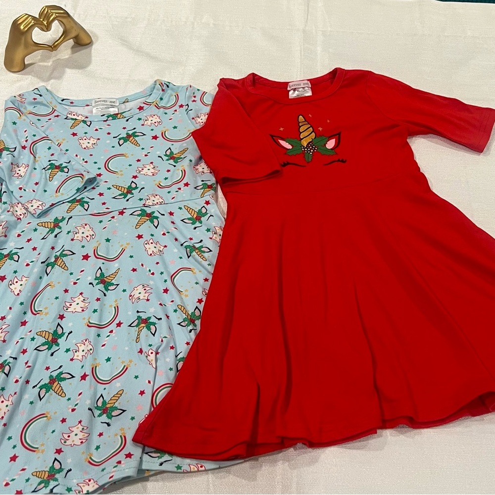 Forever Me Girls Holiday Unicorn Dress Set Red & Light Blue Size 3T | 2 Dresses